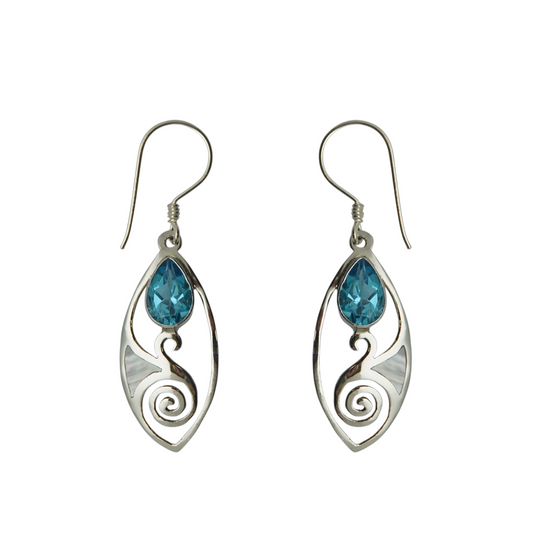 (SP288TBTMOP) Blue Topaz & Mother of Pearl Inlay Swirl Drop Earrings