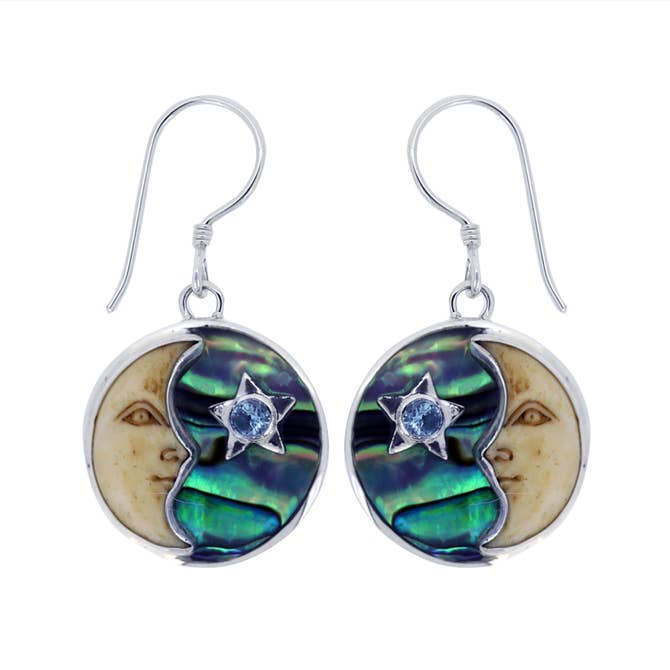 (290YBTPAUABFT) Tea carved crescent Moon Earrings with Paua & Blue Topaz