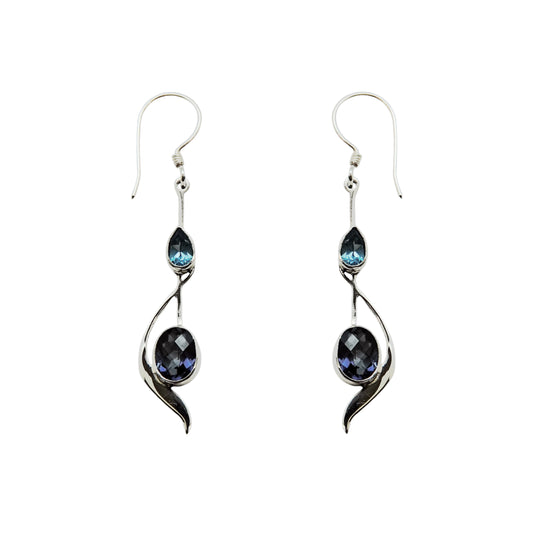 (320BTBQ) Multistone Silver Earring in Blue Topaz and Blue Quartz