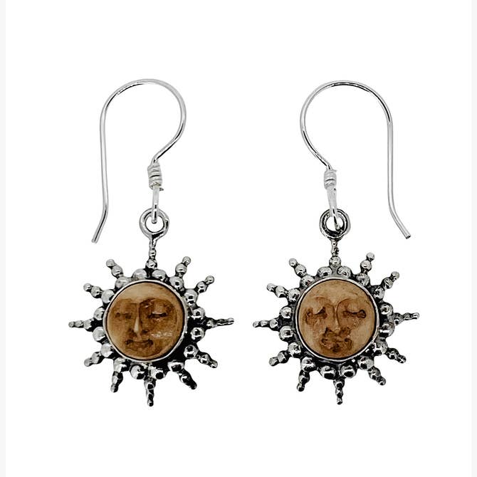 (330ABFT) Bone Carved Tea-stained Sun Face Earrings