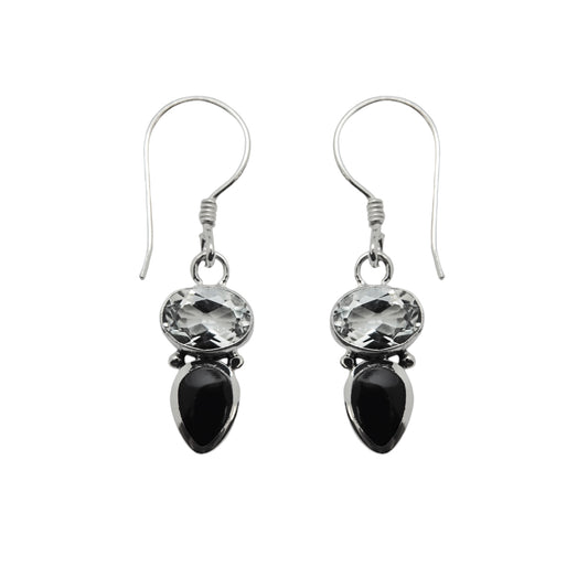 (333AWTDK) Silver Earring with White Topaz and Black Accents