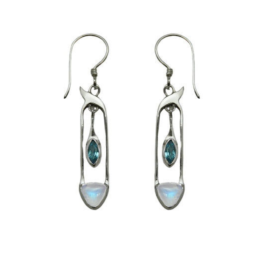 (335A) Multi Stone Silver Earring in Blue Topaz and Blue Moonstone