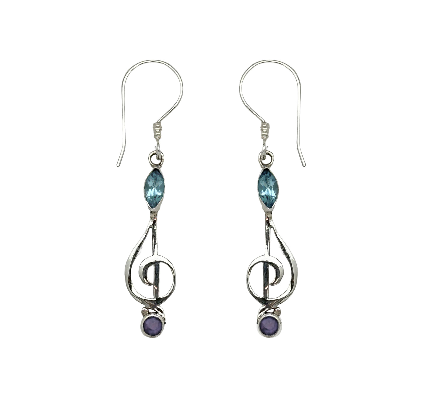 (338BBTAM) Swiss blue topaz earring with amethyst, G clef