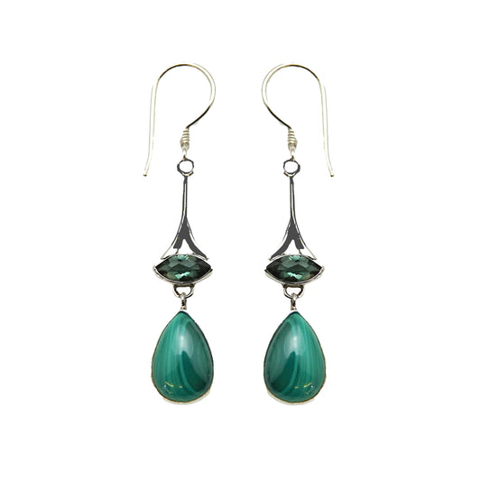 (340BGQMA) Grn Qtz and Malachite Tear Drop Earrings