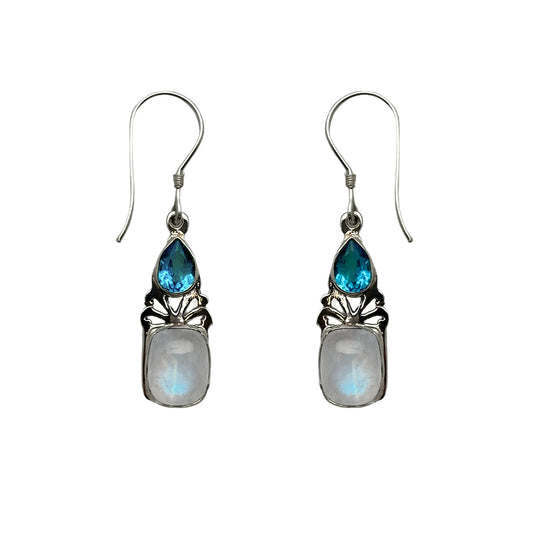 (354BBTBMS) Silver earrings in blue topaz and blue moonstone