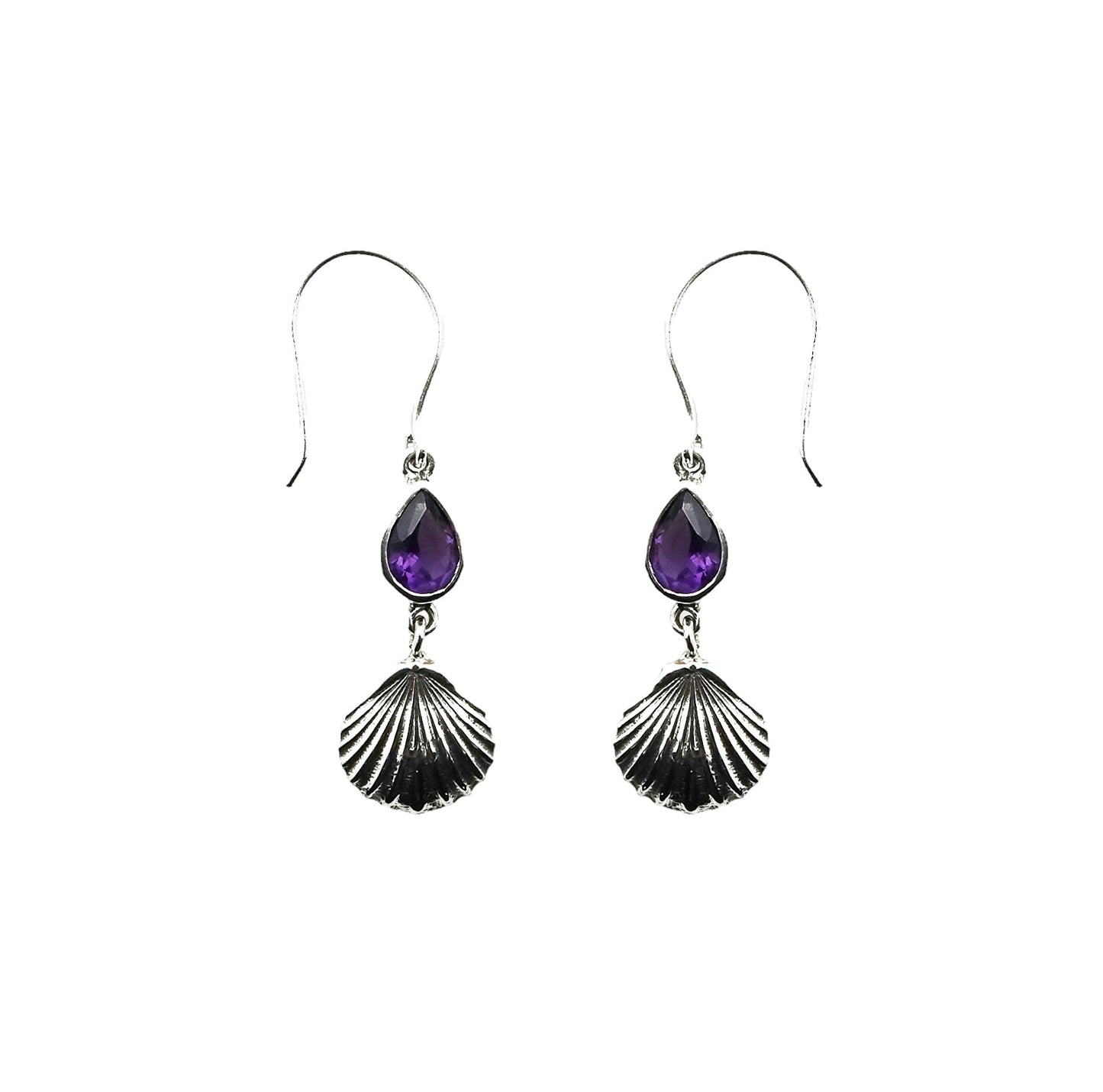 (368BAM) Amethyst Pear Sterling Silver Scallop Shell Earrings