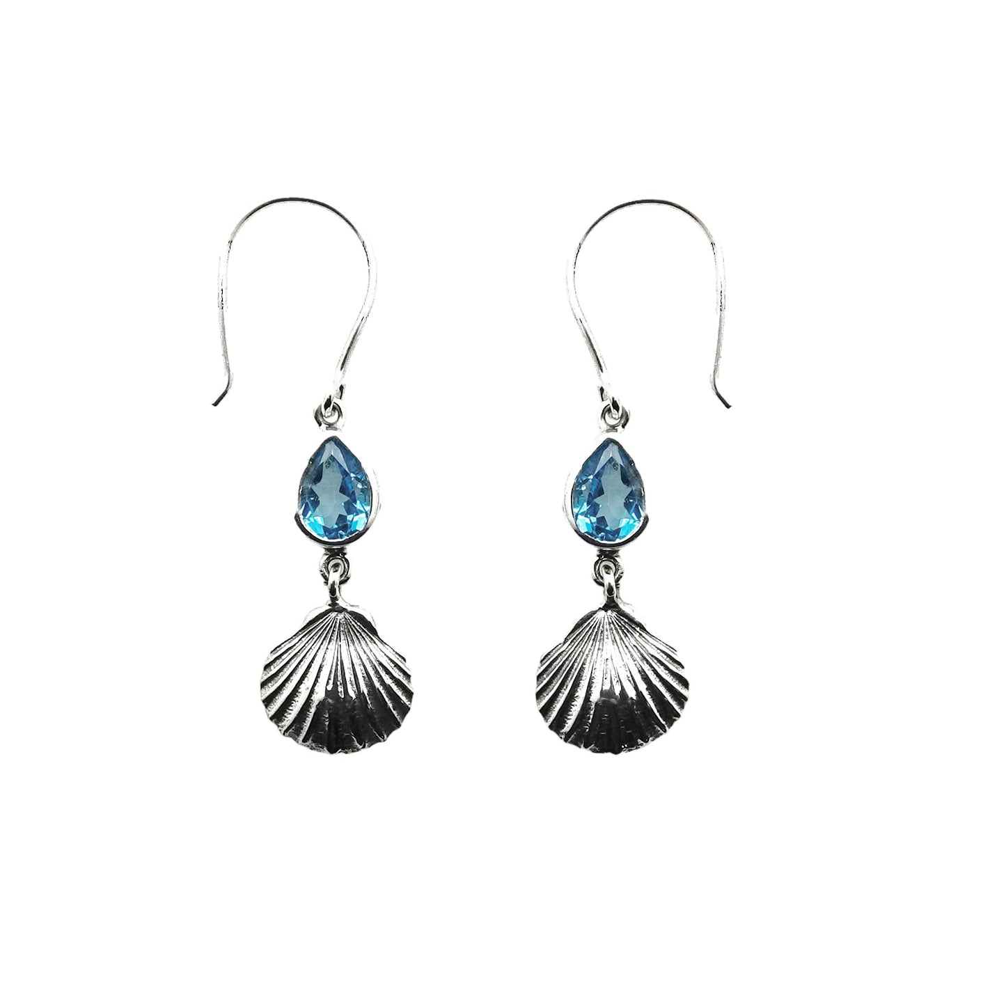 (368BBT) Blue Topaz Pear Sterling Silver Scallop Shell Earrings