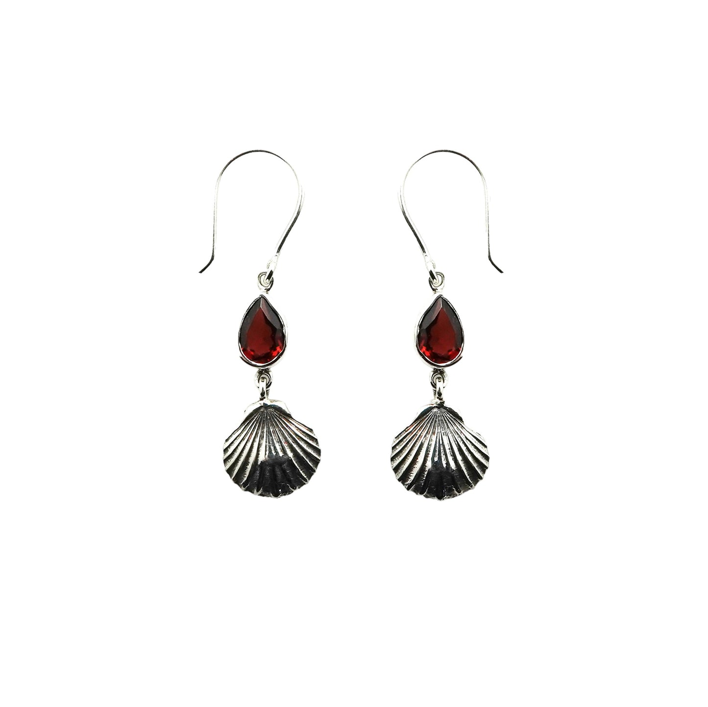 (368BGA) Garnet Pear Sterling Silver Scallop Shell Earrings