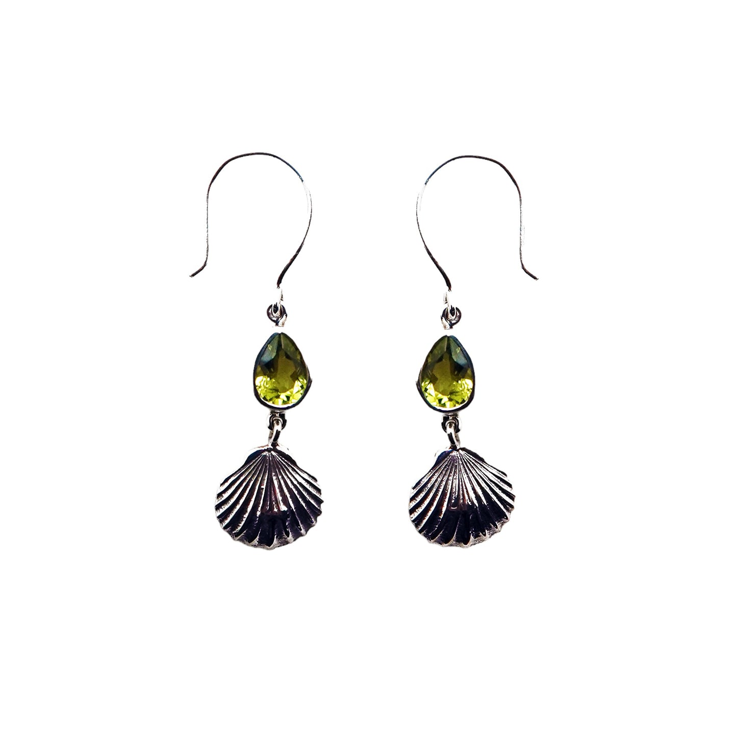 (368BPE) Peridot Pear Sterling Silver Scallop Shell Earrings