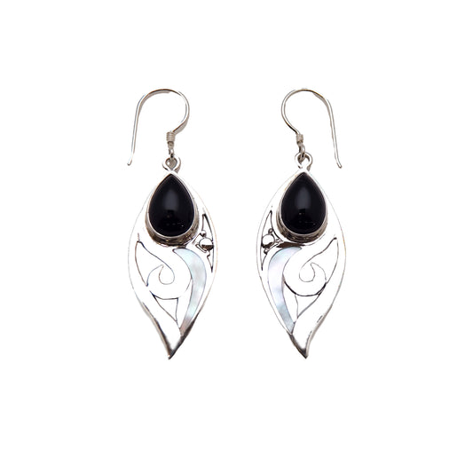 (379BONMOP) Tear drop Onyx and Mother of Pearl dangle earring