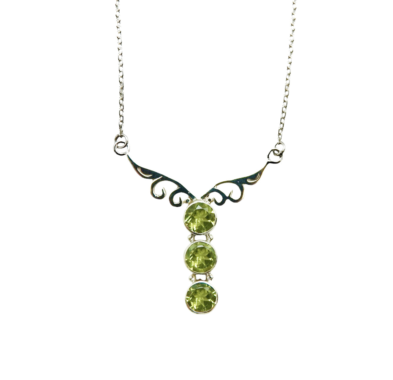 (692EPE) Silver Necklace With Tri Stone Peridot