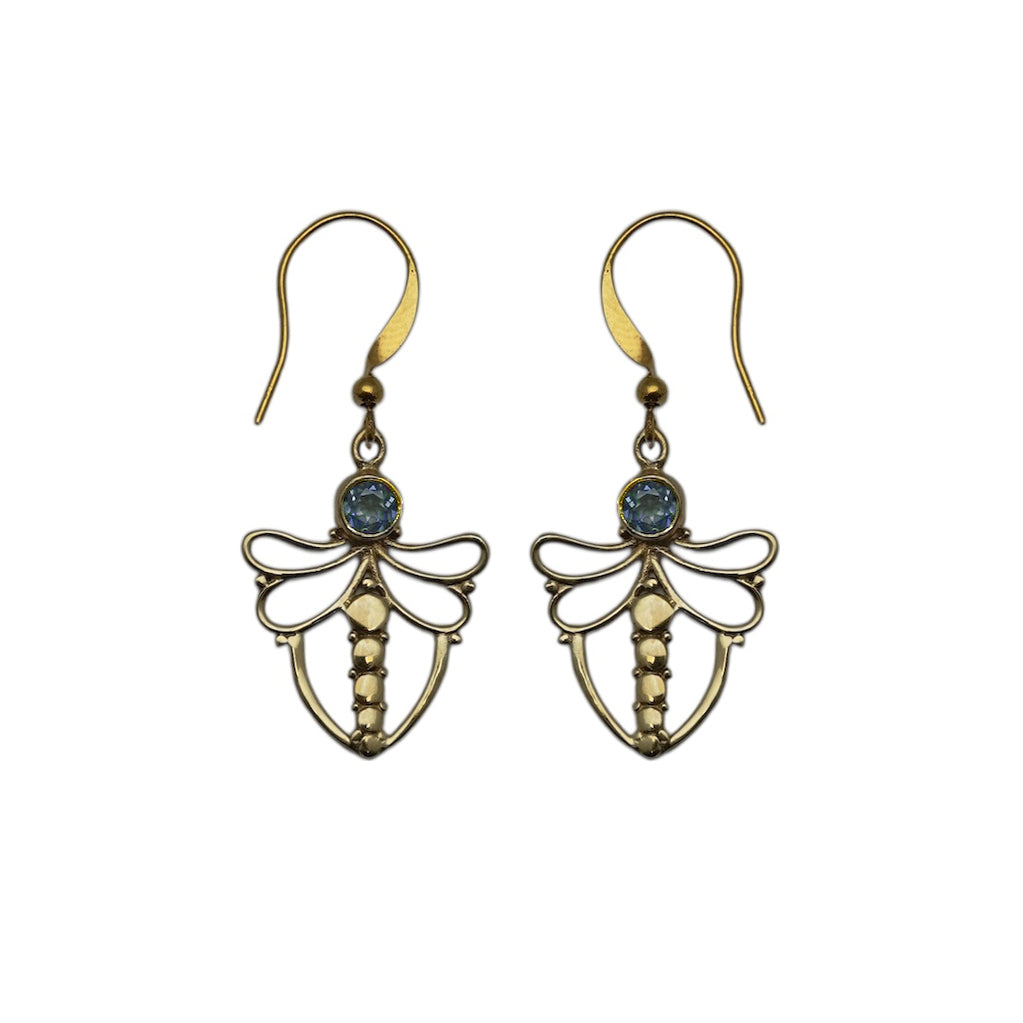(BR101BQ) Gold Tone Blue Quartz Dragonfly Earrings