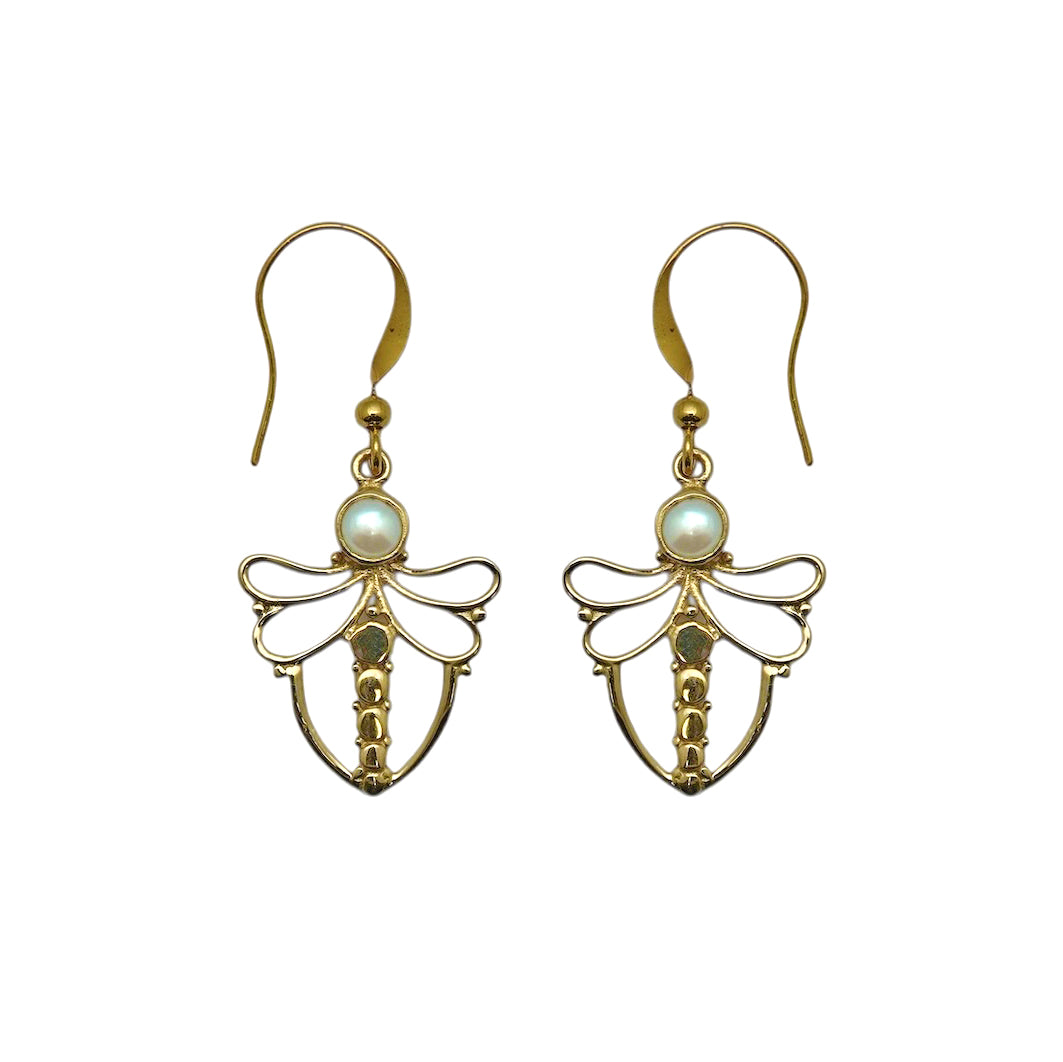 (BR101PL) Gold Tone Pearl Dragonfly Earrings