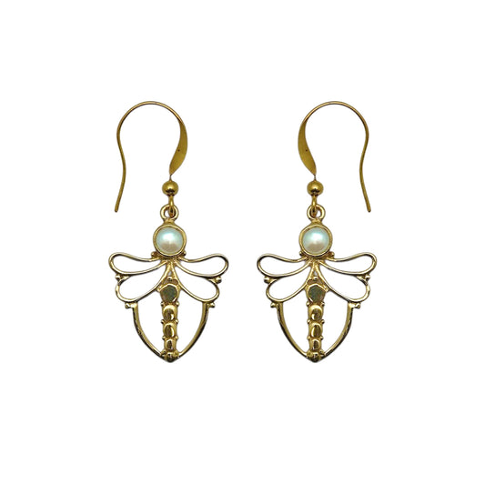 (BR101PL) Gold Tone Pearl Dragonfly Earrings