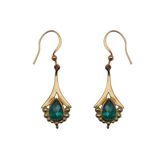 (BR102GQ) Green Quartz Gold tone Fan Earrings