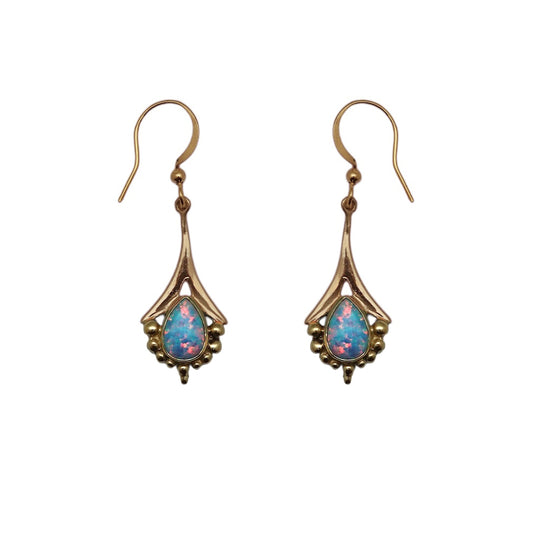 (BR102OPSB) Lab Created Blue Opal Gold tone Fan Earrings