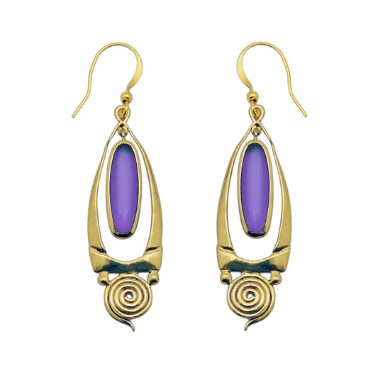 (BR108AM) Gold Tone Spiral Amethyst Cabochon Earrings