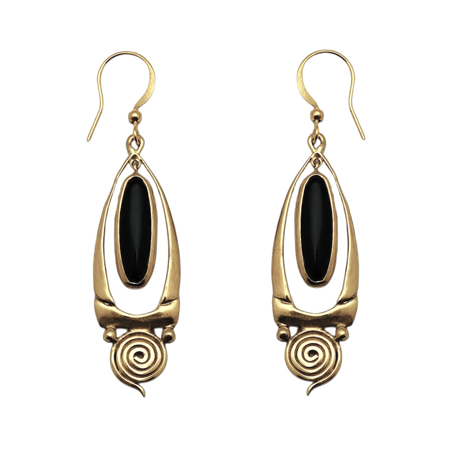 (BR108ON) Gold Tone Spiral Black Onyx Cabochon Earrings