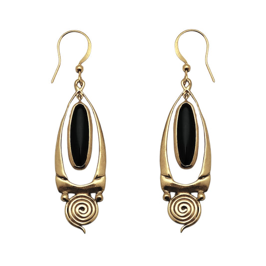 (BR108ON) Gold Tone Spiral Black Onyx Cabochon Earrings