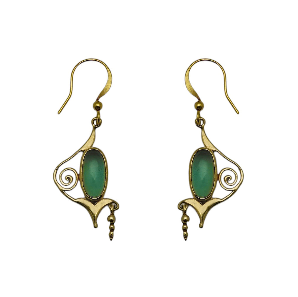 (BR112GQ) Green Quartz Cabochon Scroll Drop Earrings