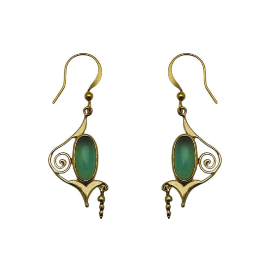 (BR112GQ) Green Quartz Cabochon Scroll Drop Earrings