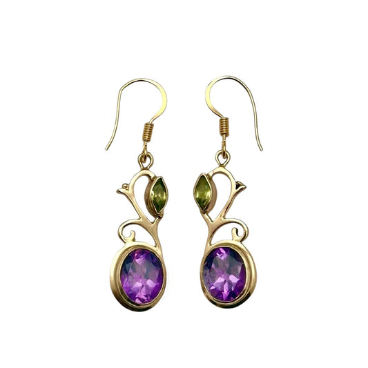 (BR233QPEAM) Gold Vine Peridot and Amethyst Swirl Earrings