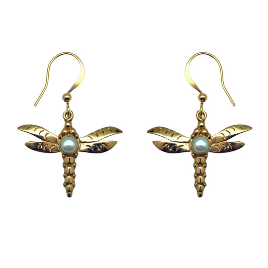 (BR251RPL) Pearl Dragonfly earring in gold tone