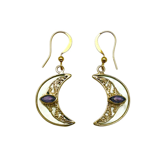 (BR256YAMMOP) Amethyst & Mother Of Pearl Crescent Moon Earrings