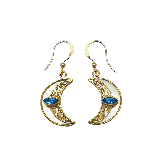 (BR256YBTMOP) Blue Topaz & Mother Of Pearl Crescent Moon Earrings