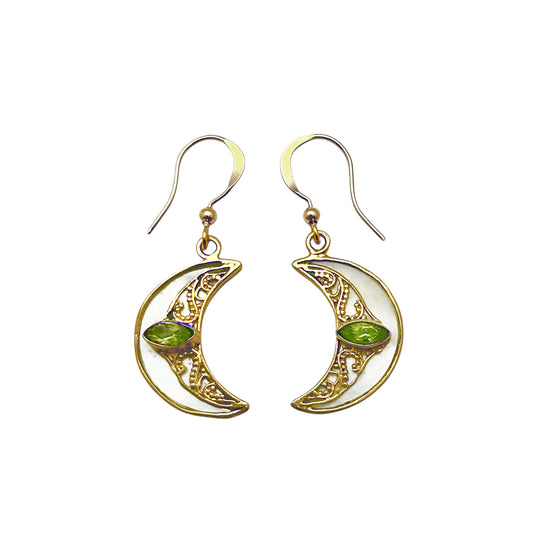 (BR256YPEMOP) Peridot & Mother Of Pearl Crescent Moon Earrings