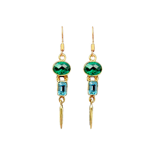 (BR259FGQBT) Double Stone Green Quartz and Blue Topaz Dangle Earrings