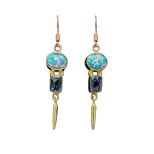 (BR259FOPSBBQ) Double Stone Blue Opal and Blue Quartz Dangle Earrings