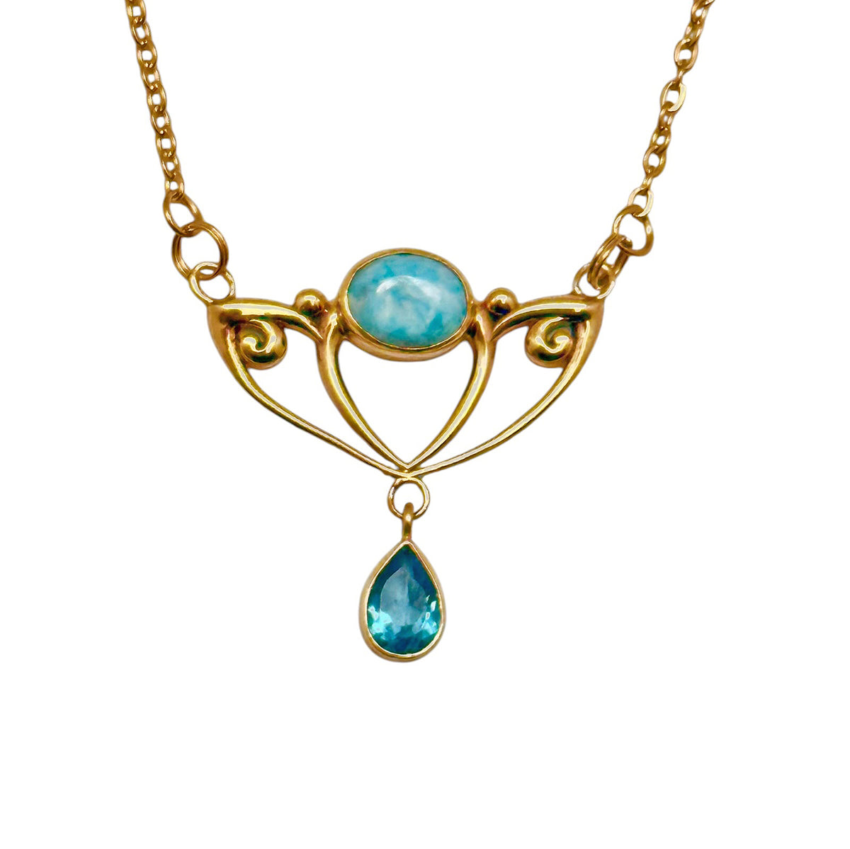 (BR604LARBT) Art Nouveau Inspired Larimar and Blue Topaz Statement Necklace