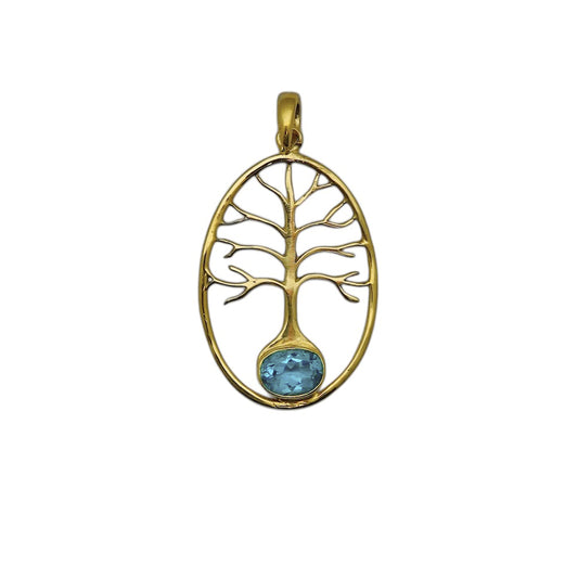 (BR667CBT) Golden Tree of Life with Blue Topaz Pendant