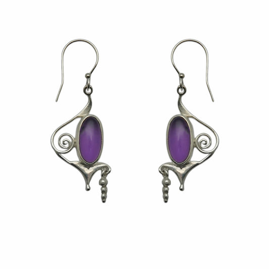 (SP112AMC) Amethyst Cabochon Scroll Drop Earrings