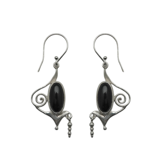 (SP112ON) Black Onyx Scroll Drop Earrings