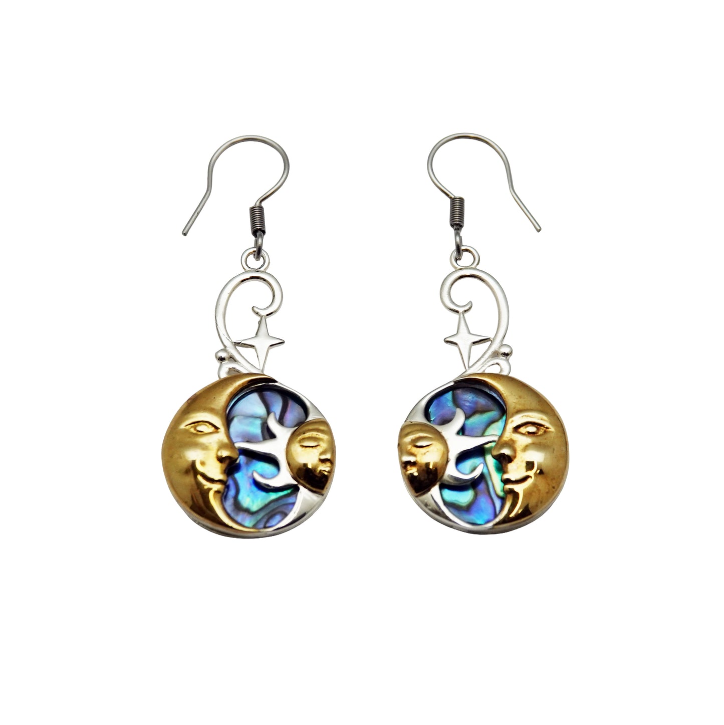 (SP117PAUA) Two-Tone Sun, Moon, and Star with paua shell Earrings