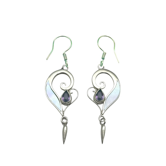 (SP118AMMOP) Swirl Drop Earrings with Amethyst and Mother of Pearl