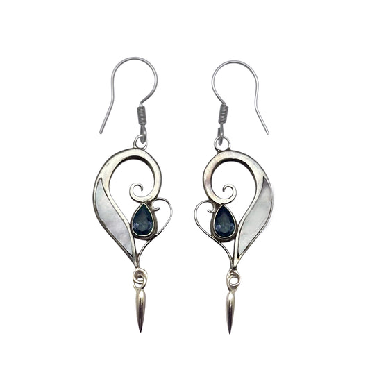 (SP118BQMOP) Swirl Drop Earrings with Blue Quartz and Mother of Pearl
