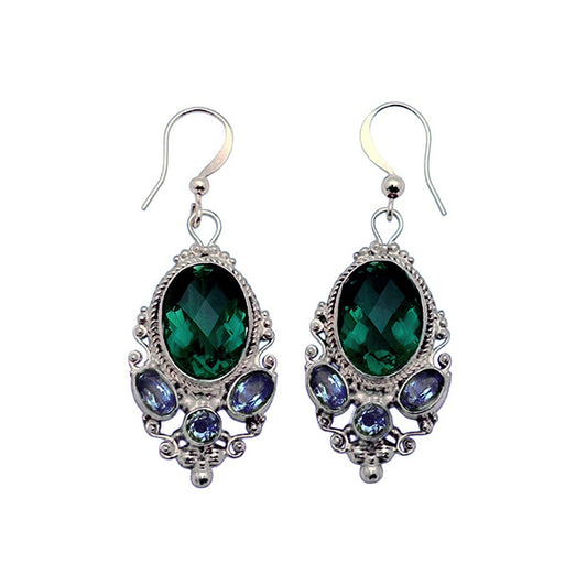 (SP214GGQBQ) Artisan Silver-Plated Green Quartz and Multi-Blue Quartz Statement Earrings