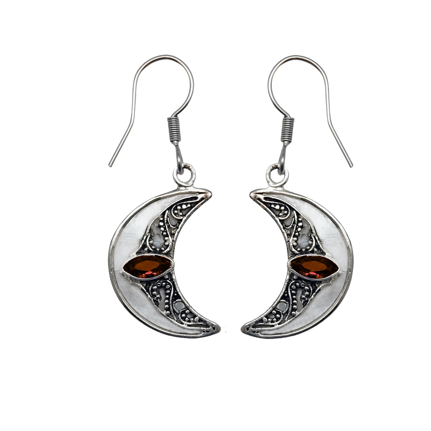 (SP256YGAMOP) Crescent Moon Dangle Earrings with Garnet and Mother of Pearl