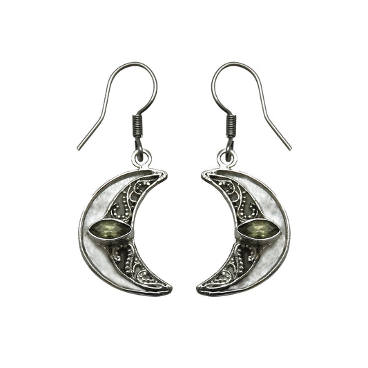 (SP256YPEMOP) Crescent Moon Dangle Earrings with Peridot and Mother of Pearl