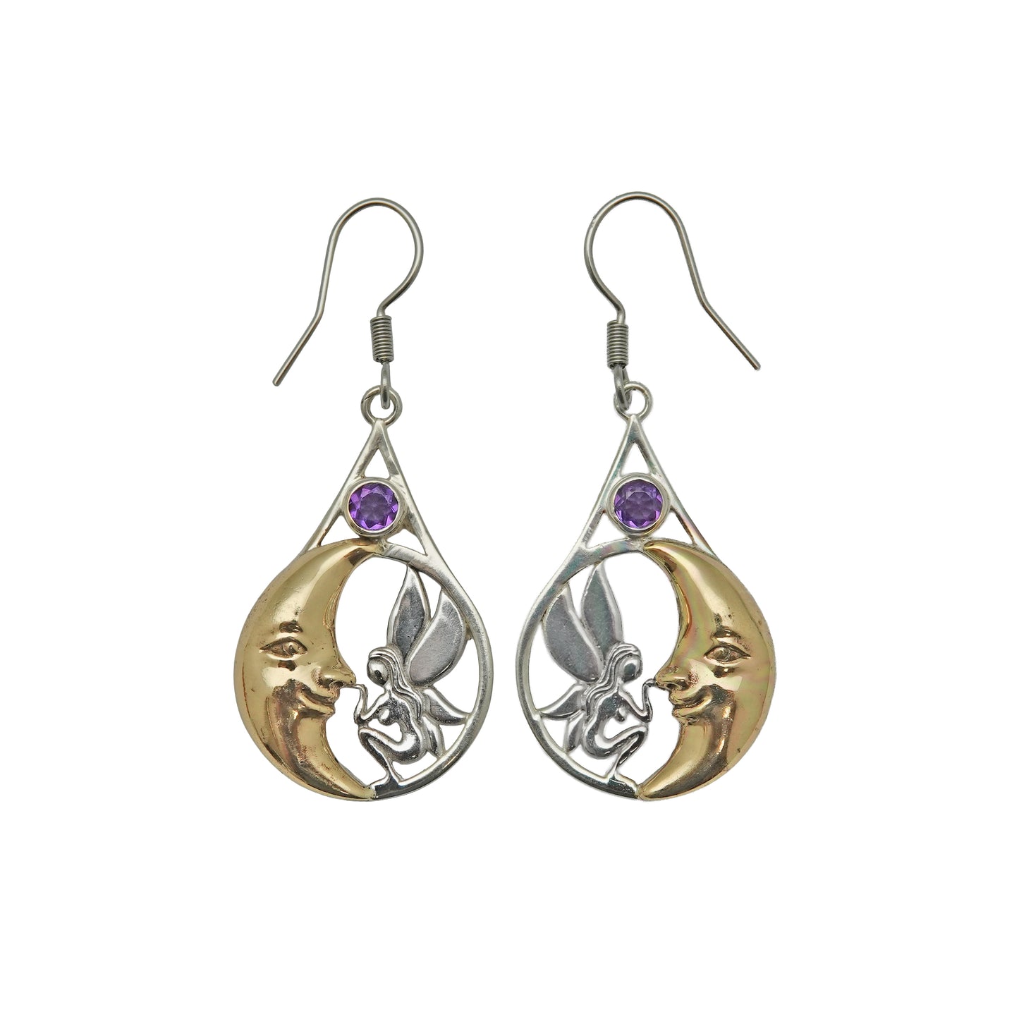 SP287YAM  Fairy and Golden Crescent Moon Dangle Earrings