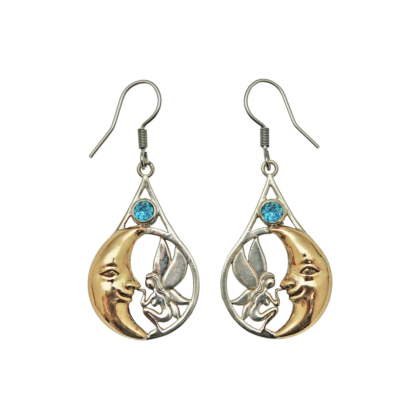 SP287YBT Fairy and Golden Crescent Moon Dangle Earrings