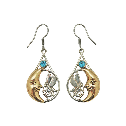 SP287YBT Fairy and Golden Crescent Moon Dangle Earrings