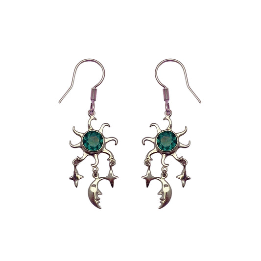 (SP293VGQ)  Green Quartz Sun, Moon, and Stars Drop Earring