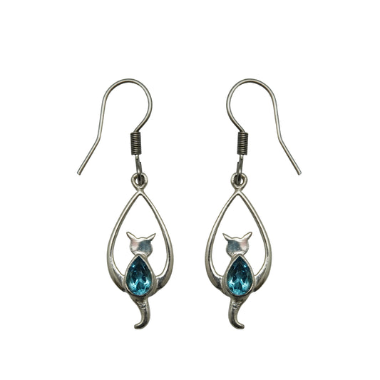 (SP310CSMBT) Silver Plated Blue Topaz Cat Earrings