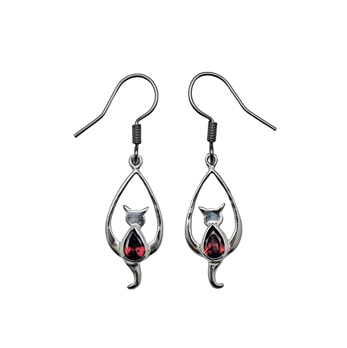 (SP310CSMGA) Silver Plated Garnet Cat Earrings
