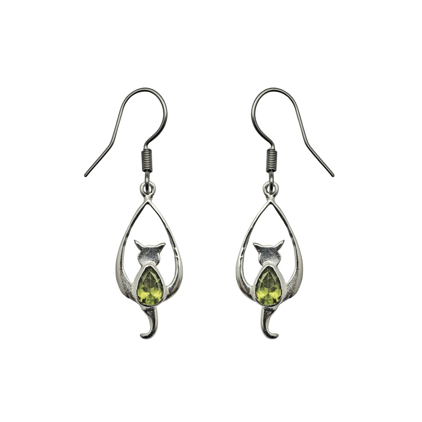 (SP310CSMPE) Silver Plated Peridot Cat Dangle Earrings
