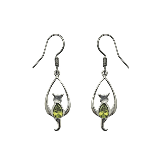 (SP310CSMPE) Silver Plated Peridot Cat Dangle Earrings